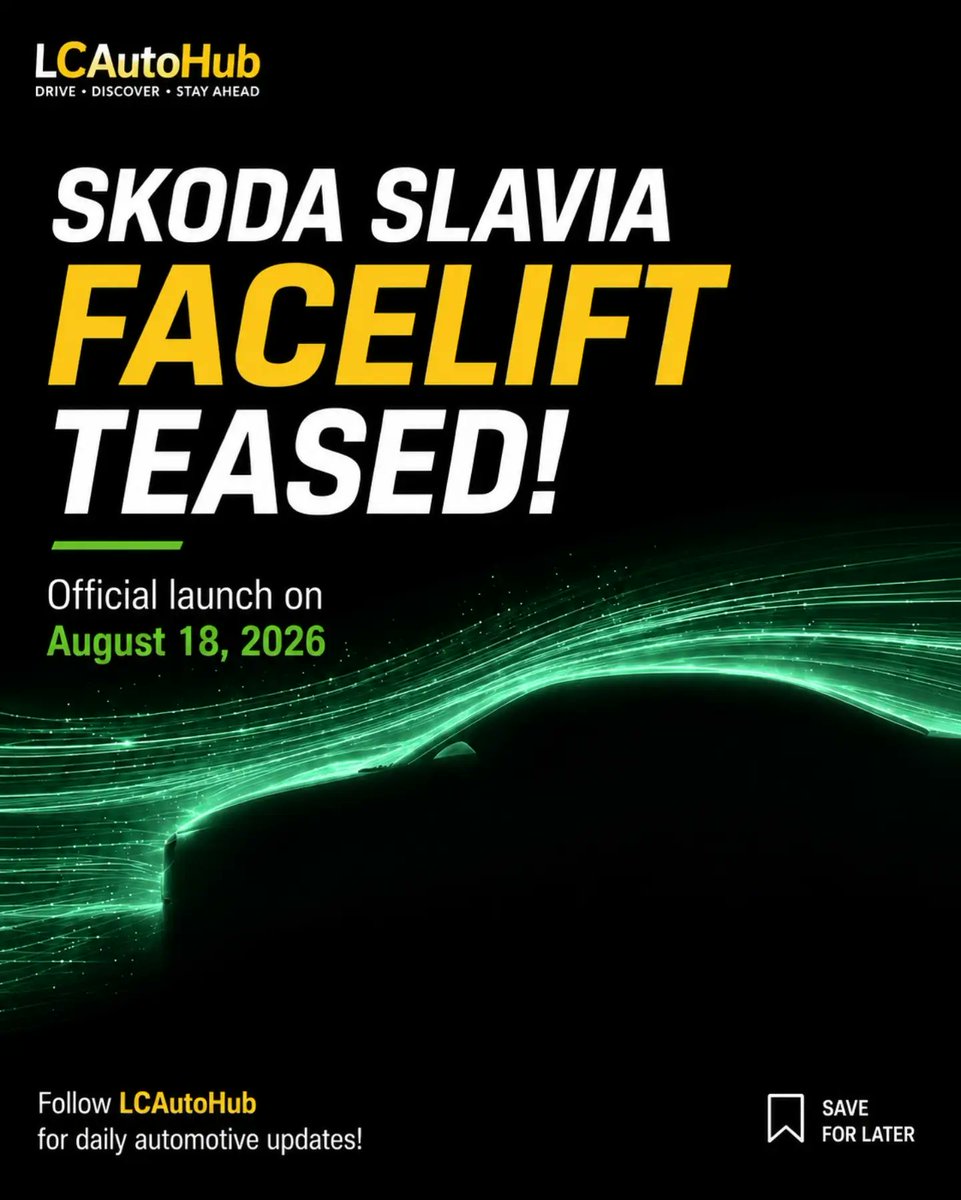 JoshuaRaisscj's tweet photo. Skoda Slavia Facelift teased! Launching in India on August 18, 2026 with redesigned lights and grille, new alloys, a larger 10. 25-inch display, upgraded seats, and possible 8-speed auto for the 1. 0 TSI. https://t.co/xgu7mfeV7s