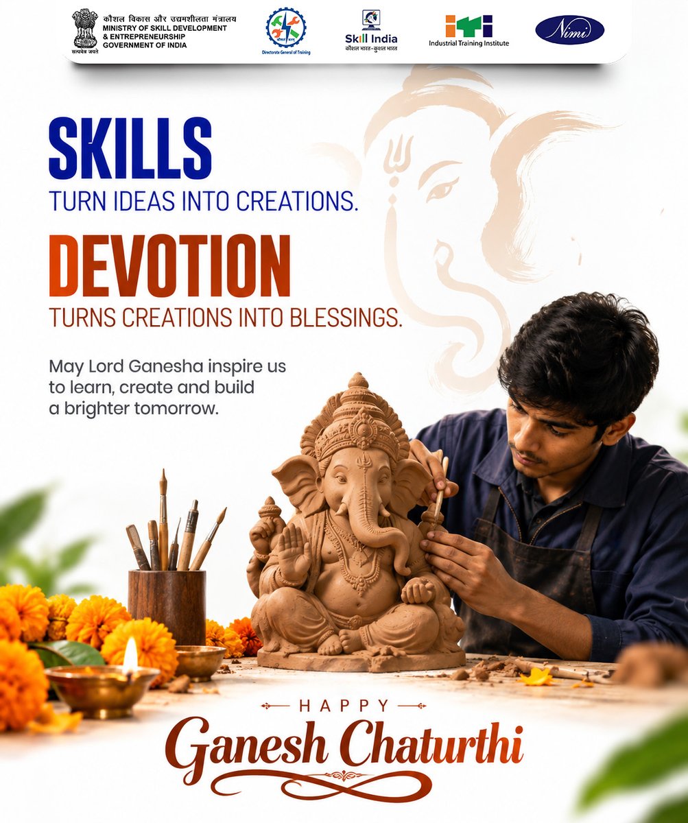 Nimi_ch_off's tweet photo. Where devotion inspires creativity, 
Every skill becomes a celebration. 

Wishing everyone a blessed and creative Ganesh Chaturthi! 

#GaneshChaturthi #HappyGaneshChaturthi #GanpatiBappaMorya #SkillIndia #IndiaSkills #NIMI #SkilledIndia #Craftsmanship #SkillsForTheFuture 
#NIMI https://t.co/66YnGConX4