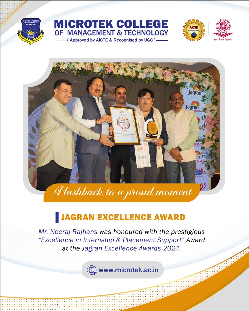 MicrotekJ99388's tweet photo. Flashback to a remarkable achievement as Mr. Neeraj Rajhans was honoured with the prestigious “Excellence in Internship &amp; Placement Support” Award at the Jagran Excellence Awards 2024.
#microtekcollege #microteksuccess #microtekcollegeofmanagementandtechnology https://t.co/0BthUNtZ6X