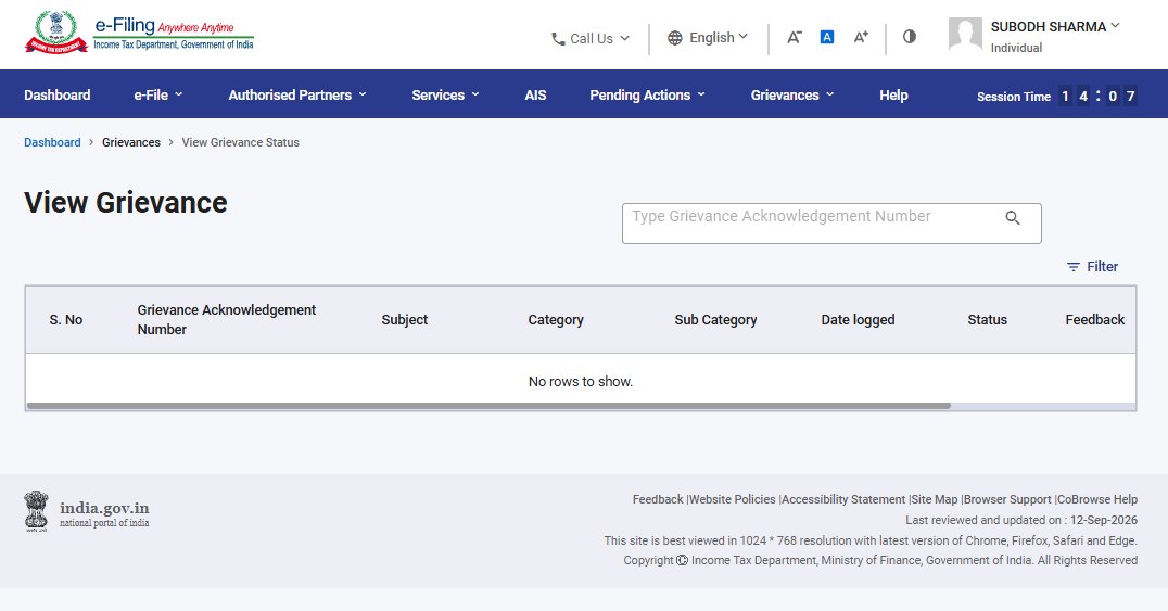 sshivam9864's tweet photo. Today, 12 September, I checked the logged-in e-Filing portal on both laptop and phone. “View Grievance” now shows “No rows to show”; grievance 26594751 is no longer visible. Screenshot attached.

Please confirm in writing: was it closed, archived, or affected by a portal error? Please restore its visibility, ensure no refund adjustment occurs while it is under review, and tell me the exact action or document required.