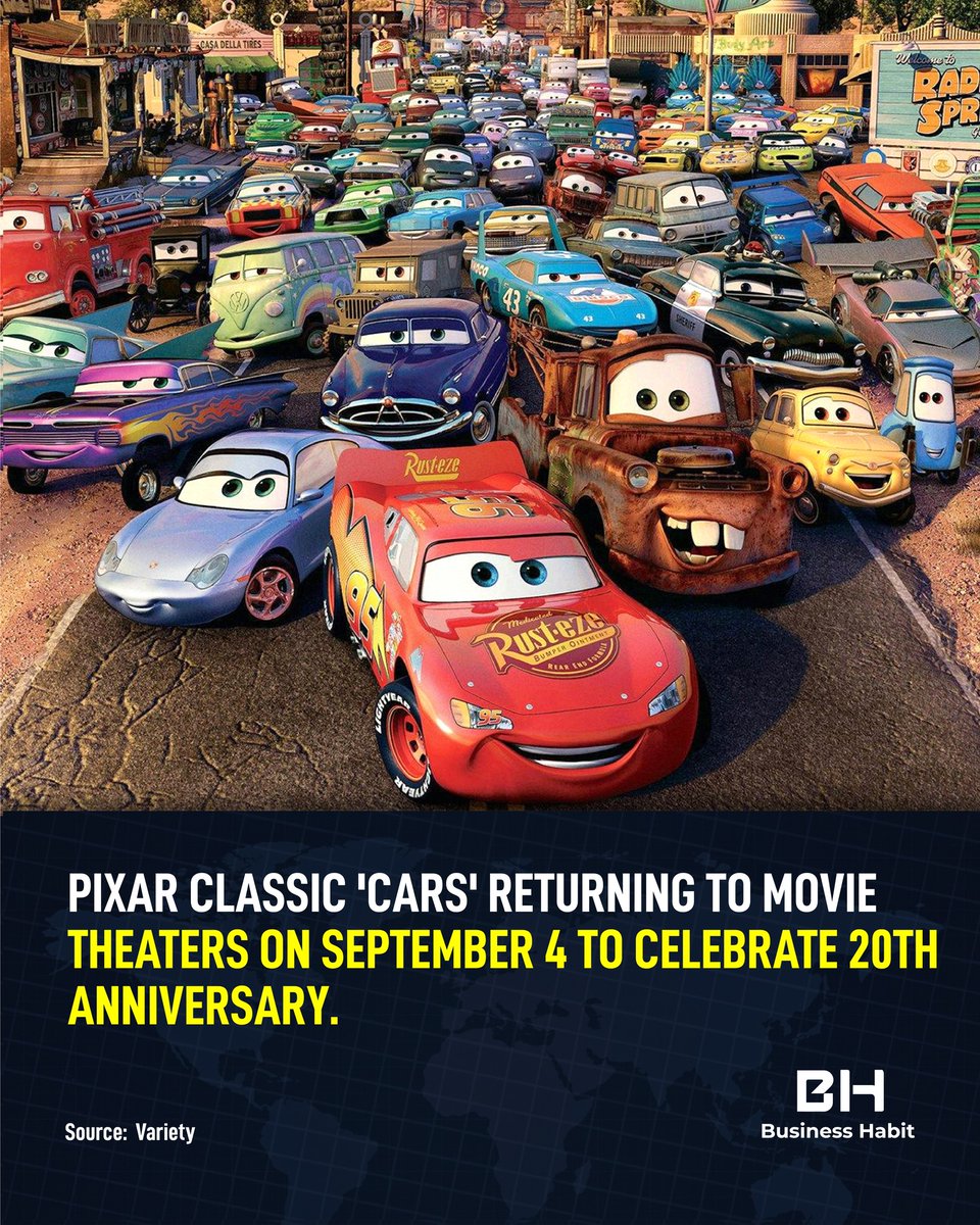 KristiBatiqnv's tweet photo. Pixar’s “Cars” returns to theaters Sept. 4 for its 20th anniversary, coinciding with Lightning McQueen Day on Sept. 5. Celebrations include special screenings, themed collaborations and a life-size McQueen at Formula 1’s Italian Grand Prix. https://t.co/BmtF1fcJWN