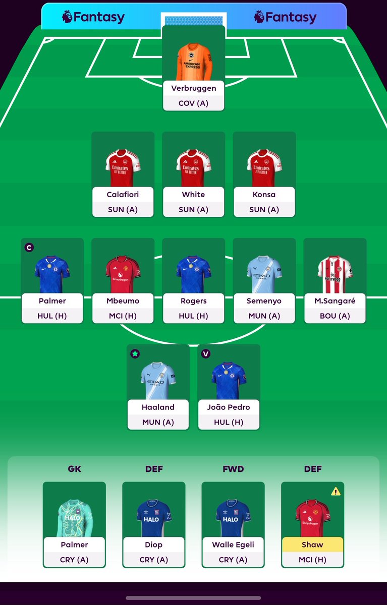 FPL_Manish's tweet photo. GW4 Team selection 🔒

Bruno to Palmer 
Tzolis to Rogers
Van ejwik to Konsa

Do review ... All the best everyone 

OR:140K... #FPL #fplcommunity https://t.co/JfOsT36Fg3