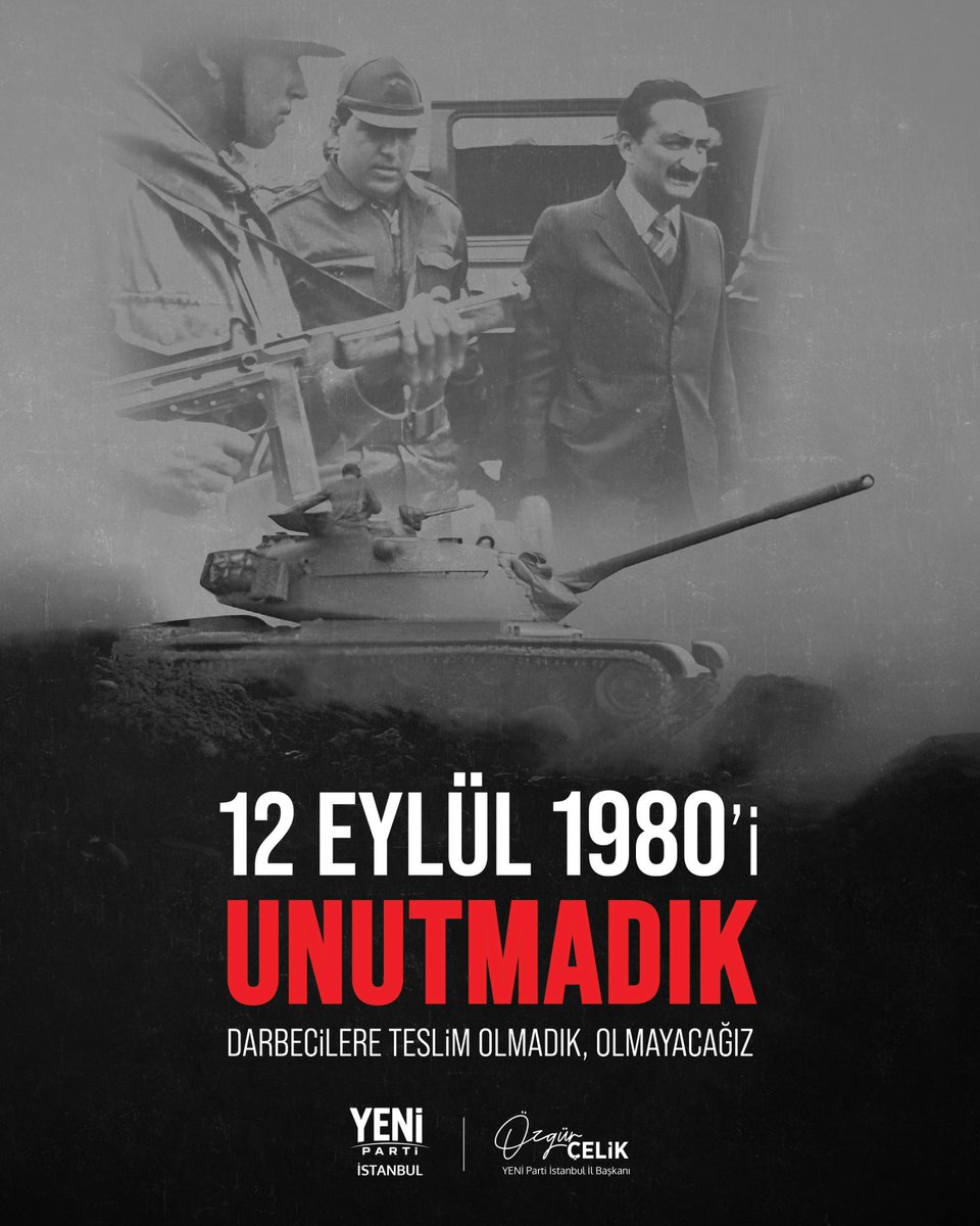 ozgurcelik1919's tweet photo. Milli iradeye kast eden, 12 Eylül Askeri Darbesini lanetliyorum.

Dün olduğu gibi bugün de milletimizin iradesini yok sayanlara karşı mücadele etmeye devam ediyoruz.

Darbeciler kaybedecek, halk kazanacak. https://t.co/GofIGzbjRg