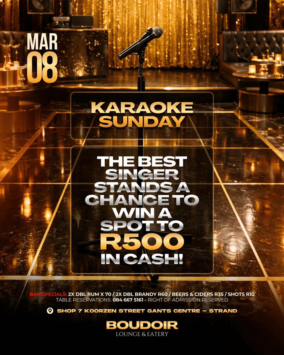 SomerMelusjs's tweet photo. Karaoke Night at Boudoir Lounge! Free entry, doors open at 8 PM. Bring your friends, grab the mic, and compete for the chance to win R500. Hosted and entertained by DJ JAYO SA. https://t.co/I9h3hxAW4j