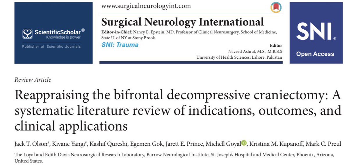 drkivancyangi's tweet photo. Our new study conducted at @BarrowNeuro 
 is now published in @SNInt 
Surgical Neurology International ! 🧠

This study focuses on:

▪️How should a bifrontal decompressive craniectomy be performed? 
▪️How should burr-hole placement be planned? 
▪️What are the most commonly used techniques? 
▪️How extensive should the bony decompression be? 
▪️One-piece or two-piece craniectomy? 
▪️What is the bucket-handle technique? 
▪️How should the durotomy be performed?

In this study, we also revisited bifrontal decompressive craniectomy from both clinical and technical perspectives. We reviewed its indications, operative techniques, and reported outcomes across the literature, particularly in severe TBI and malignant bifrontal cerebral swelling, and complemented our systematic review with cadaveric dissections illustrating the surgical technique and relevant anatomical considerations.
We also examined functional outcomes, timing of decompression and cranioplasty, and considerations surrounding patient selection.

Read Here: https://t.co/VXfMawtAxq

Special congratulations to our summer research student Jack Olson  for his hard work on this project! 👏

#Neurosurgery #Neurotrauma #TraumaticBrainInjury #DecompressiveCraniectomy #SurgicalAnatomy #BarrowNeuro