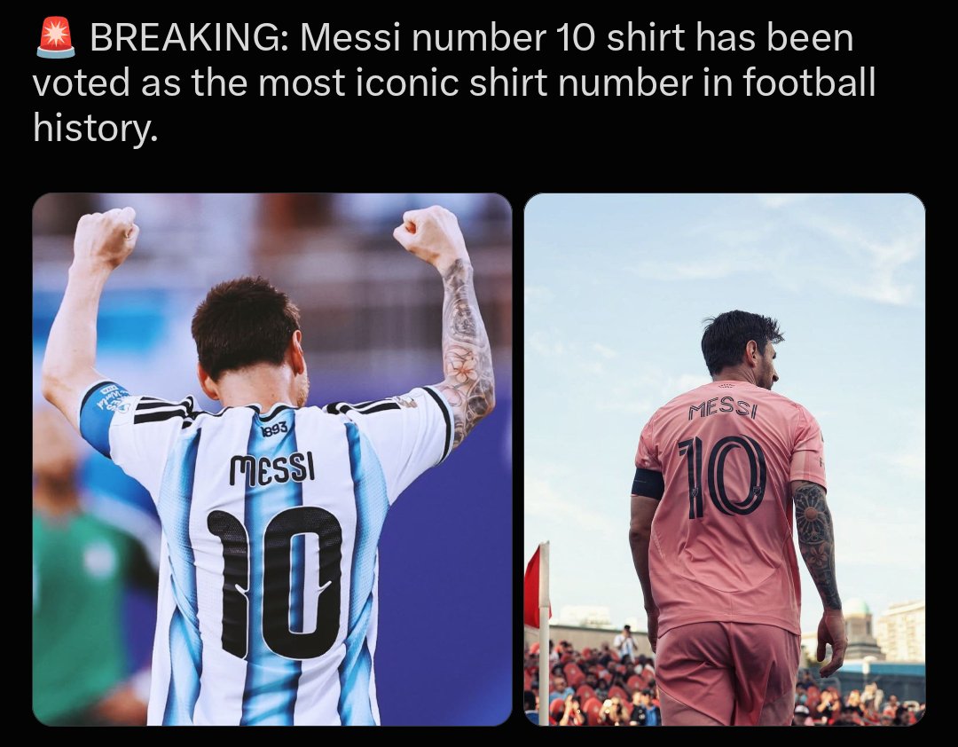 Manunitedboyy's tweet photo. BREAKING: Lionel Messi’s iconic No. 10 shirt has been voted the most iconic shirt number in football history! 🐐🔟
A number forever synonymous with greatness. 👑⚽
#LionelMessi #FootballHistory #GOAT https://t.co/4USI3zrlVi