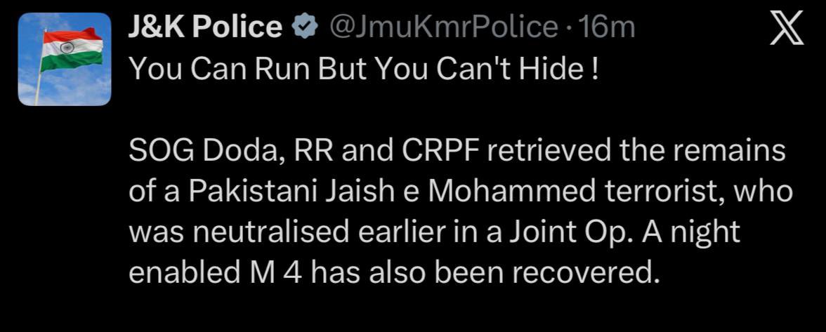 ParaSF007's tweet photo. DODA,J&amp;K

Personnel from the Special Operations Group (SOG) Doda, Rashtriya Rifles (RR), and the Central Reserve Police Force (CRPF) reportedly recovered the remains of a terrorist who was injured during an encounter in June 2026 and later neutralised in a joint operation. https://t.co/MV3R3F0oXM