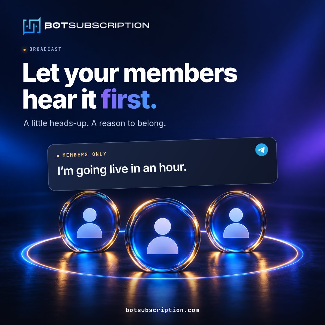 BotSubHQ's tweet photo. Let your members hear it first.

Pick one group — members only — write one message, and it lands in every member's own chat. Not in the feed everyone scrolls past.

That head start is what they are really paying for. Not a file, not a discount. Something they knew before anyone else did.

A little heads-up. A reason to belong.

→ https://t.co/y4RRHJ5smC

#Membership #Retention #Telegram #CommunityBuilding #PaidCommunity