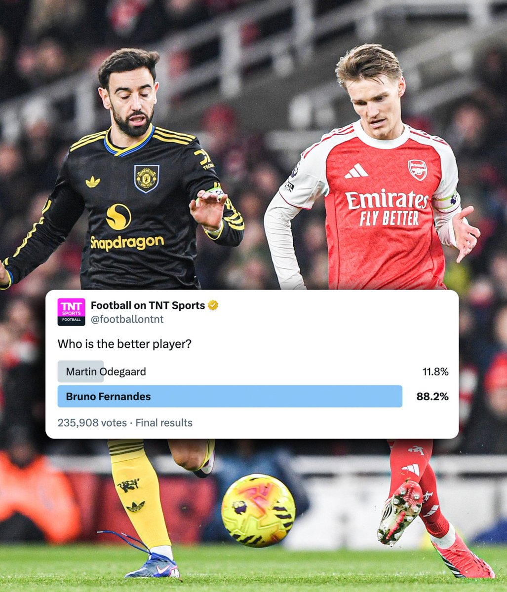 Manunitedboyy's tweet photo. When we asked you to vote: Who’s the better player — Ødegaard or Fernandes? 👀🗳️🔥
The debate got REAL! 😮‍💨⚽
#Odegaard #BrunoFernandes #FootballDebate https://t.co/BUMJqyofq5
