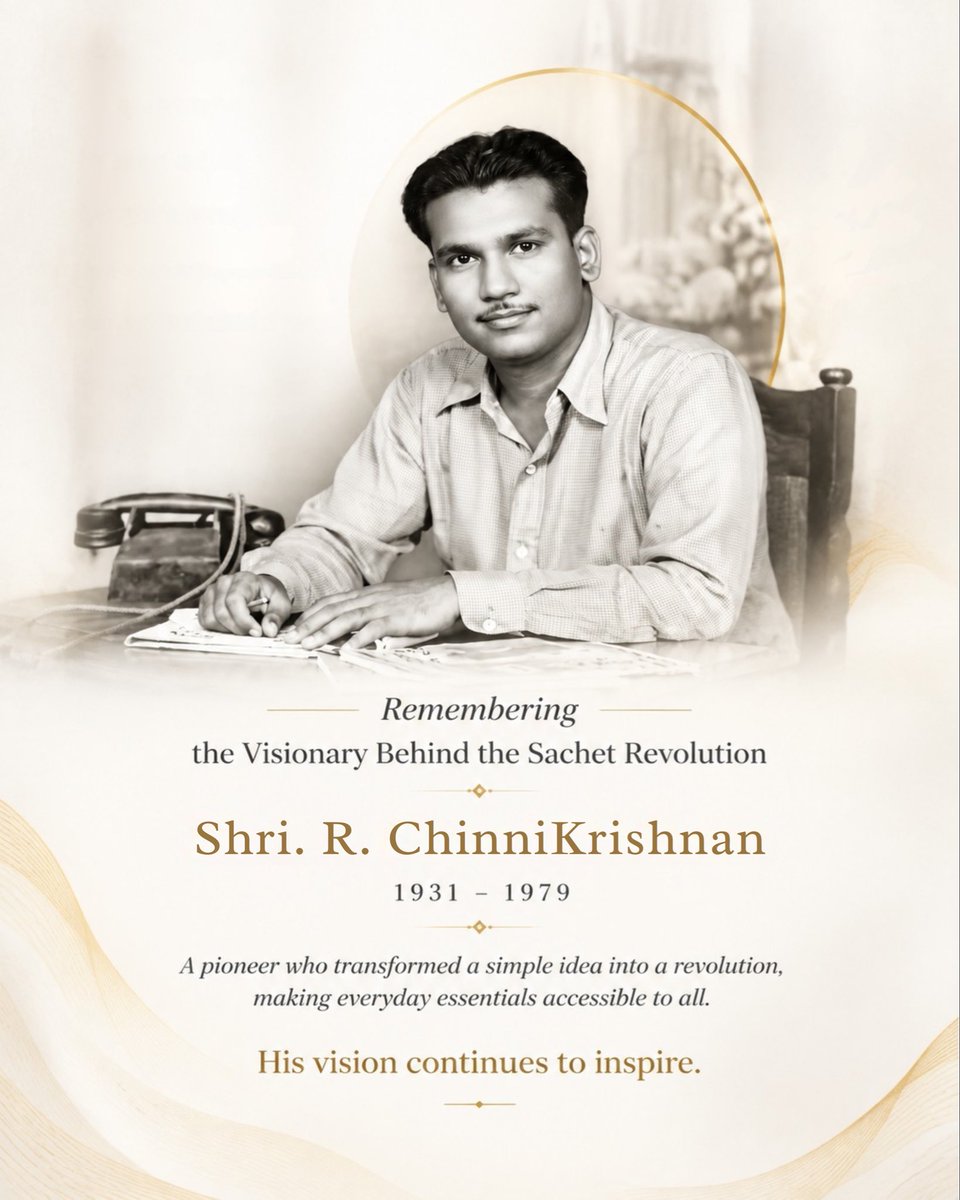AmudhaCK's tweet photo. Remembering Shri. R. ChinniKrishnan, the visionary behind the Sachet Revolution.

Decades after his passing, his vision of making everyday essentials accessible to all continues to inspire innovation.

As his granddaughter, I am privileged to be part of the legacy he created. https://t.co/LU3A0ElePo