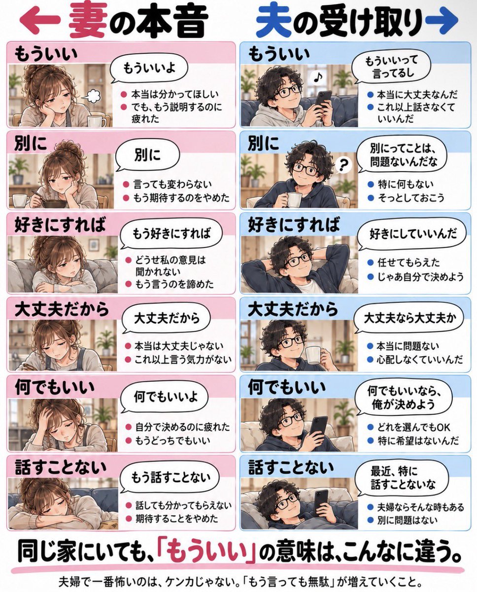Nandani14382's tweet photo. ぶっちゃけ「妻」と「夫」
『もういい』の意味が違う。

←妻の本音　　　　　夫の受け取り→ https://t.co/xIeAPKzkbN