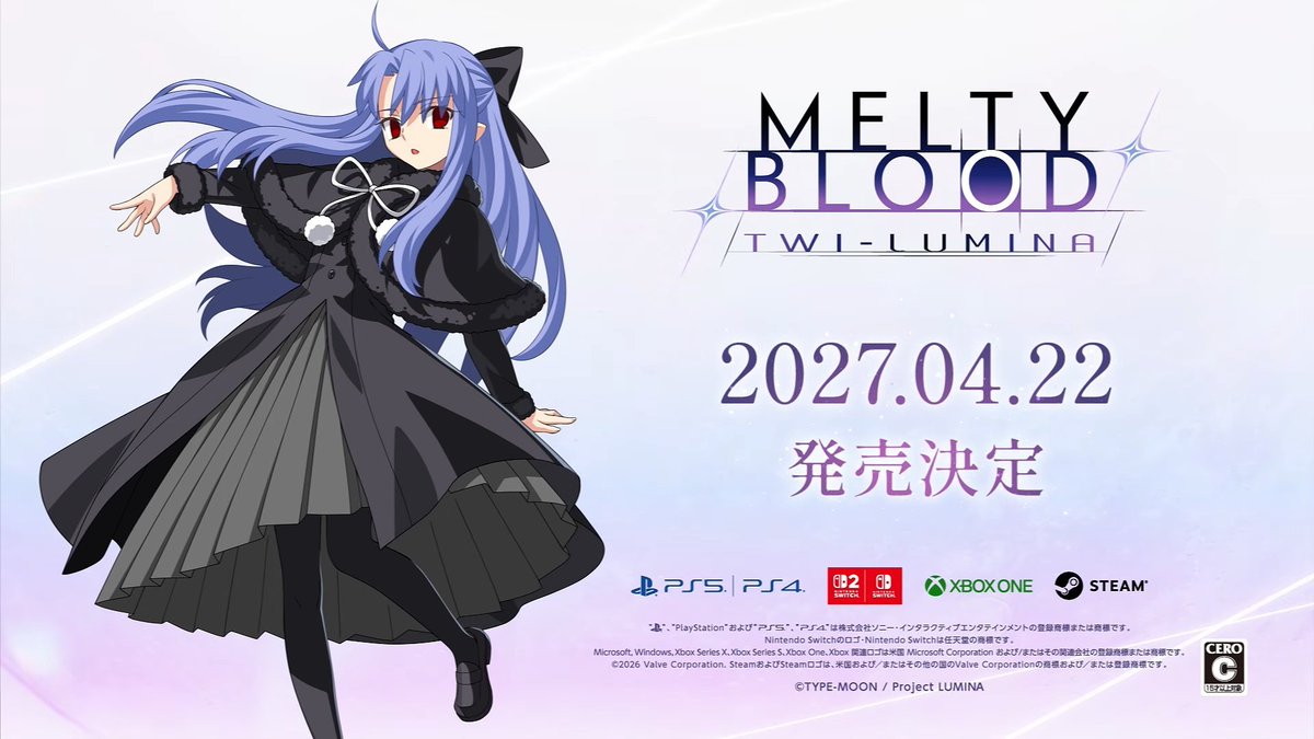 takumishiina117's tweet photo. XBOX『MELTY BLOOD: TWI-LUMINA（メルティブラッド：トワイルミナ）』の発売日が2027年4月22日に決定、なんとXBOX One向けのタイトルとなります。(XBOX Series X/S本体でもプレイは可能です）#XBOX #XBOXJP https://t.co/yQSrxx19fR