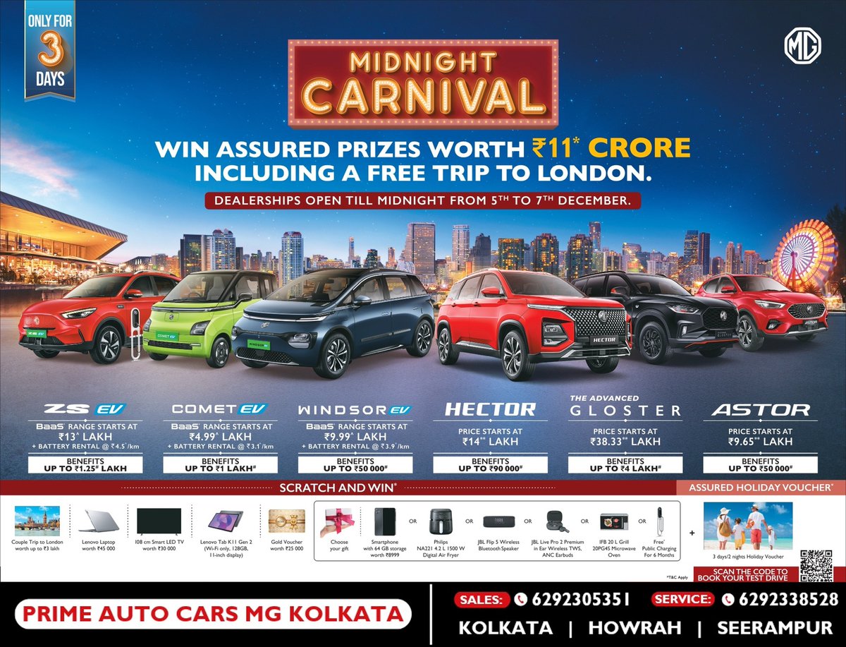 NannieHenri's tweet photo. MG Midnight Carnival: amazing deals, guaranteed gifts, and a chance to fly to London. Buy your favorite MG for assured prizes worth ₹11 crore, huge SUV and EV savings, and a midnight showroom experience, Dec 5–7. https://t.co/kGPhdjd0DG