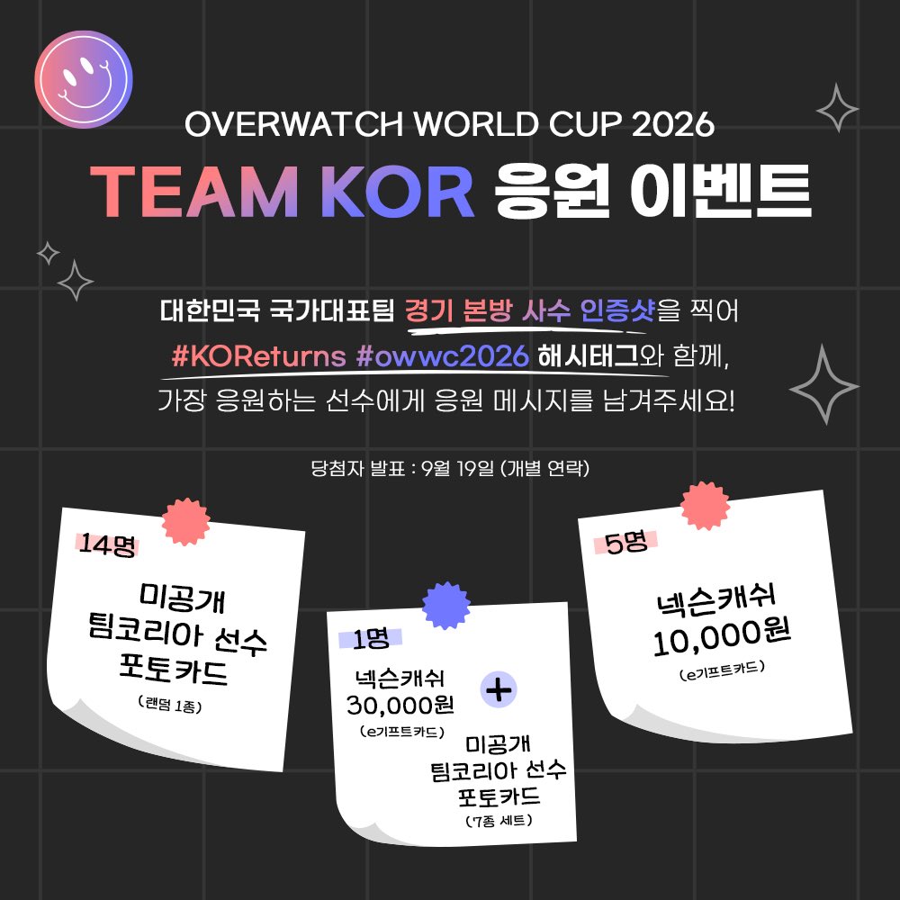 OwwcKoreaTeam's tweet photo. 📣OWWC 2026 TEAM KOR 응원 이벤트📣
❗️본방 사수 인증만 했는데 선물을 받았어요❗️

대한민국 대표팀의 경기를 보고 있는 인증샷을 #KOReturns #OWWC2026 해시태그와 함께, 가장 응원하는 선수에게 응원 메세지를 남겨 주세요!

➡️ 당첨자 발표 : 9월 19일

🎁 넥슨캐쉬 10,000원 (5명)
🎁 팀코리아 미공개 포토카드 1장 (총 7종, 14명)
🎁 넥슨캐쉬 30,000원 + 팀코리아 포토카드 1세트 (1명)

🇰🇷 같이 대한민국 대표팀을 응원해 주세요! 🇰🇷