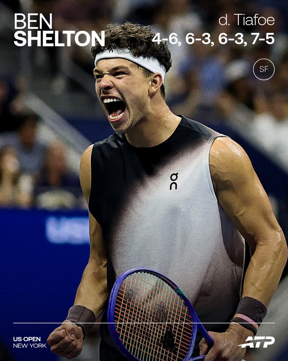 atptour's tweet photo. BEN SHELTON IS THROUGH TO HIS FIRST GRAND SLAM FINAL 😤

@usopen | #USOpen | @BenShelton https://t.co/BlllMuXAxD