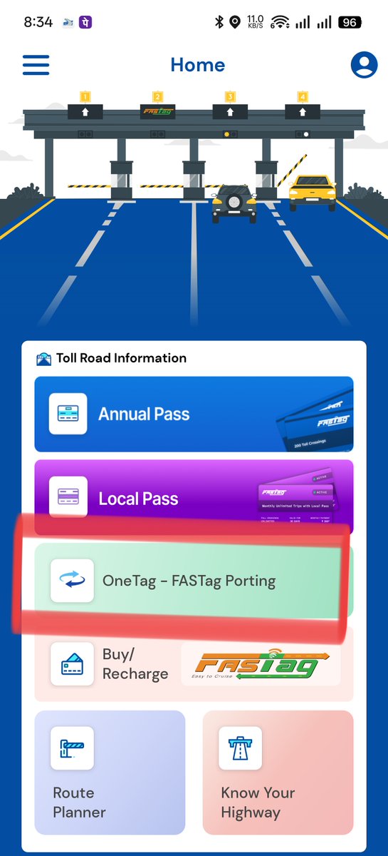 imYadav31's tweet photo. Steps to port your fastag to other bank ⬇️

Open Rajmargyatra App
Look for OneTag on main screen
Follow steps https://t.co/kc0Zq8yCdz