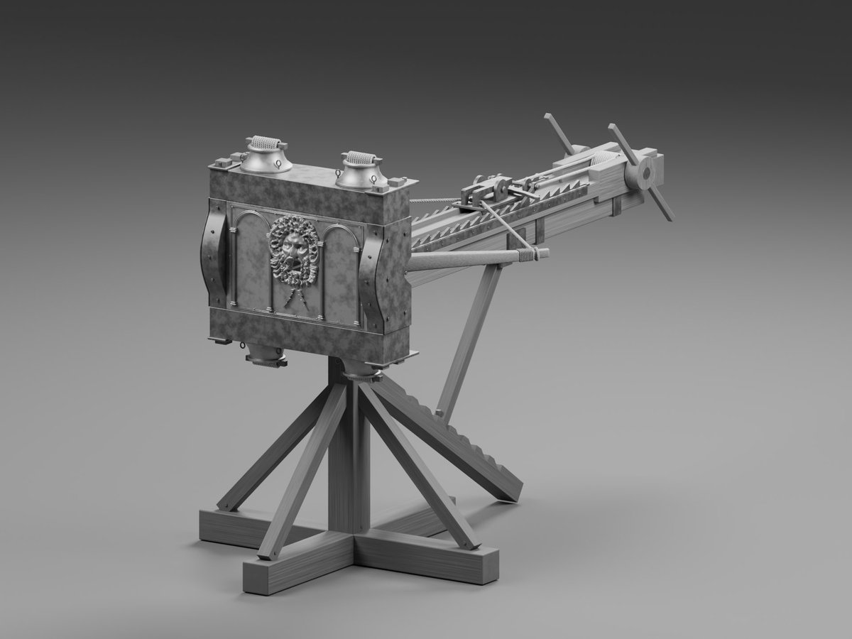 Benwgrimes's tweet photo. I used ChatGPT Astra and historical references and blueprints from the book, Greek and Roman Artillery: Historical Development by E.W. Marsden to create this fully rigged historically accurate Roman ballista. The plan is to use this asset for seedance renders. Took about 12 iterations to get to a level I was happy with. Textures are next. Took about 3 hours of total work. It sculpted the face of Jupiter on the front torsion assembly using my guidance and ancient sculpture references.