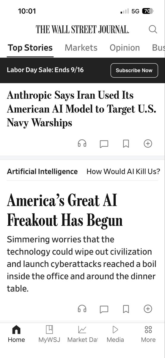 bstein80's tweet photo. The Wall Street Journal is finally covering advanced AI in an appropriate way. 

See screenshots below. 

This is going to have a big impact on elite conservative opinion. Think GOP donor class, business leaders, and Members of Congress. 

This will move them in the right direction on AI safety and security. I am already seeing signs of this.