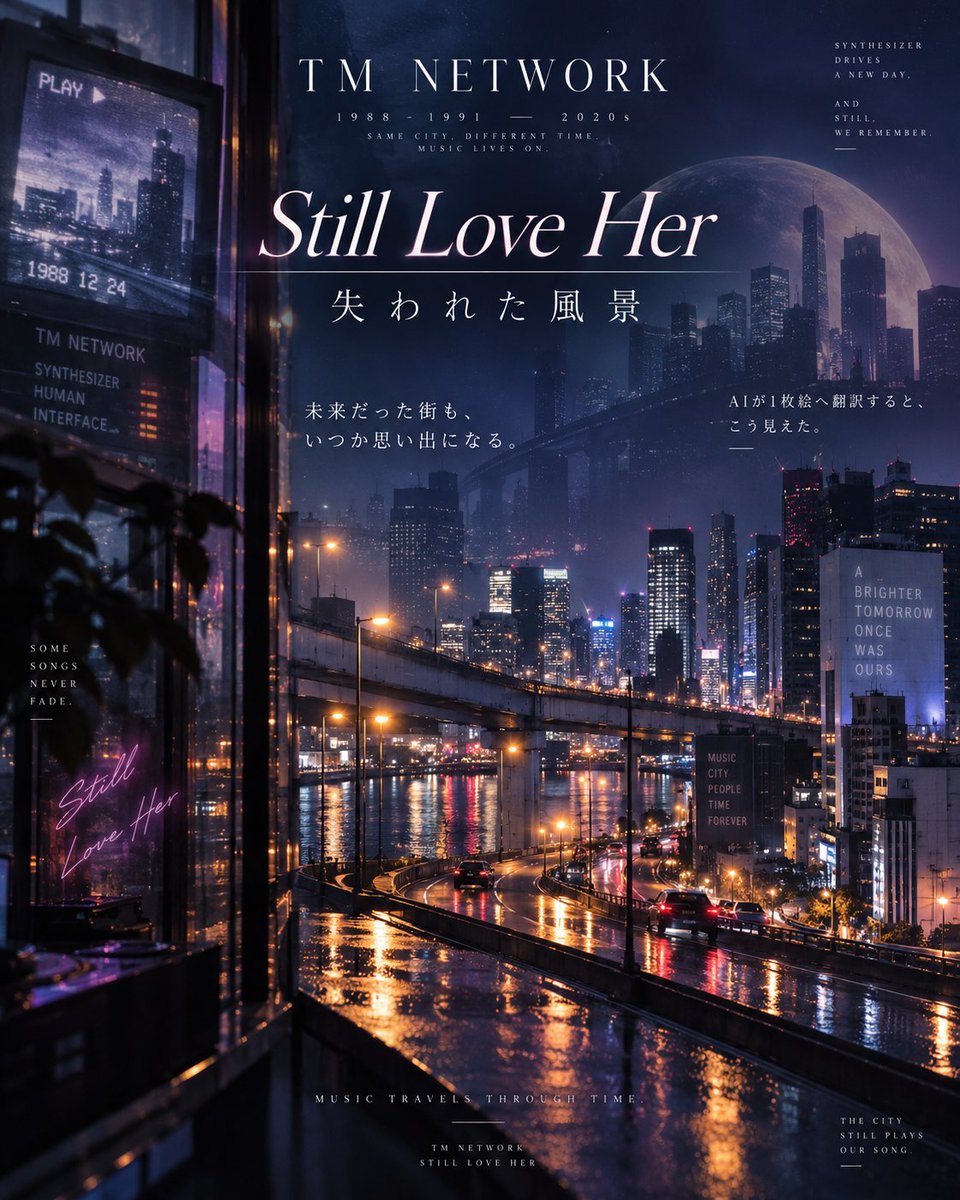 IQ_TEST2025's tweet photo. TM NETWORK「Still Love Her（失われた風景）」を、
AIが“音楽評論”ではなく、別の表現へ翻訳してみた。
この曲をただ懐かしい曲として聴くより、
 未来を作っていた音が、その速度の中で置いてきた風景を振り返る曲
として見ると、急に輪郭が変わる。

人を想っているようで、
実はその人と見ていた街や時間まで抱きしめている。
AIには、そんなふうに見えた。
#TMNETWORK #StillLoveHer #失われた風景 #AIアート #音楽解釈