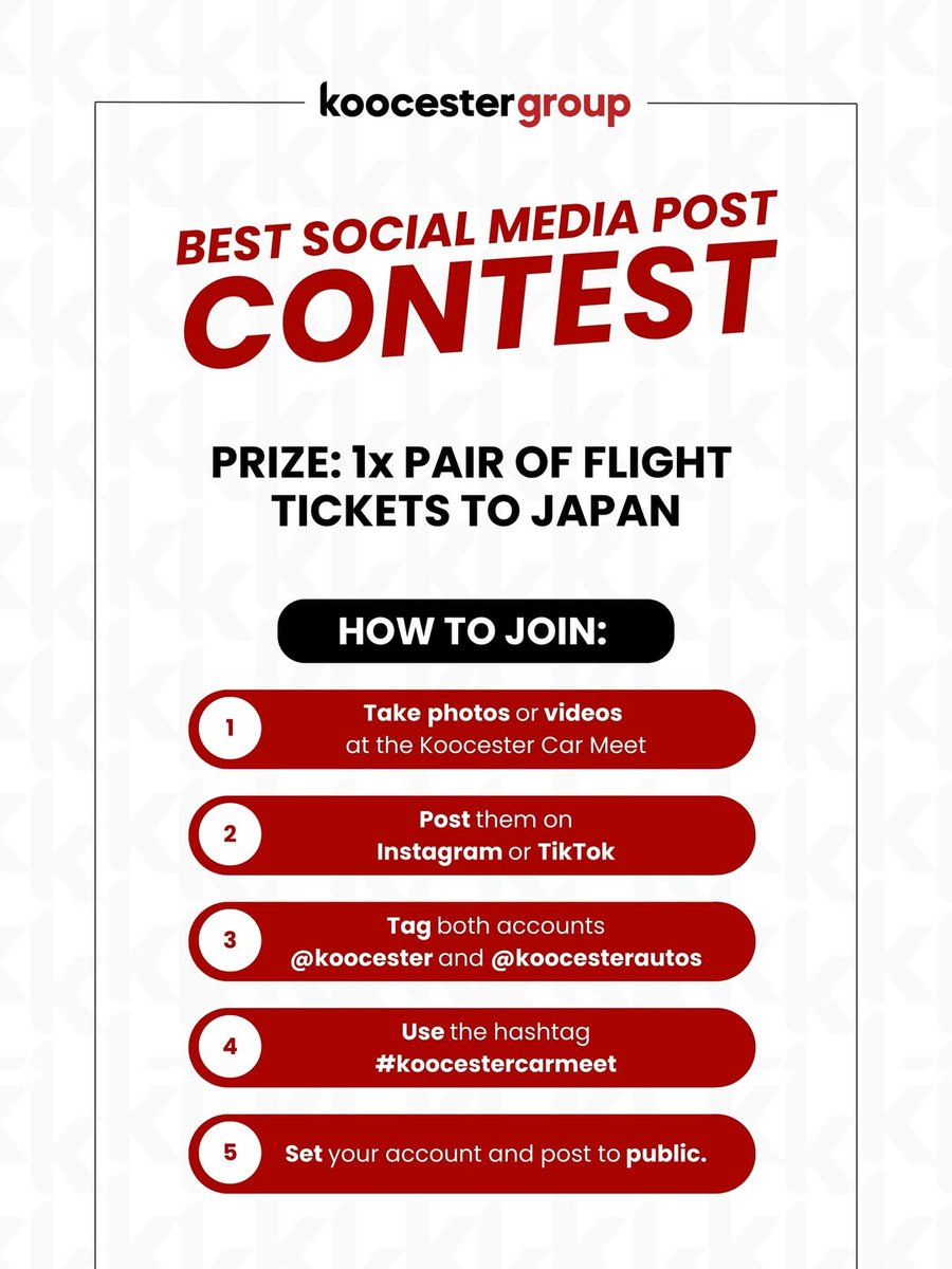 TimDrager2vj's tweet photo. KOOCESTER CAR MEET 2026 
Contest 1/2: BEST SOCIAL MEDIA POST 
Prize: 1 pair of flight tickets to Japan 

How to win 
1. Take photos/videos at the Koocester Car Meet 
2. Post them on IG or TikTok 
3. Tag @koocester and @koocesterautos 
4. Use the https://t.co/mT1cCAY1hb