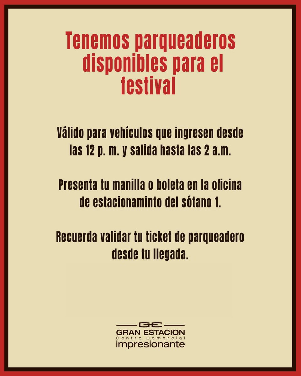 GranEstacionCC's tweet photo. ¿Vas al festival y no tienes dónde parquear? 

Obtén una tarifa especial en nuestro parqueadero presentando tu manilla o boleta 🎟️🏔️

Lee las condiciones para conocer cómo acceder a este beneficio. 👀 https://t.co/mwtkZbaYFy