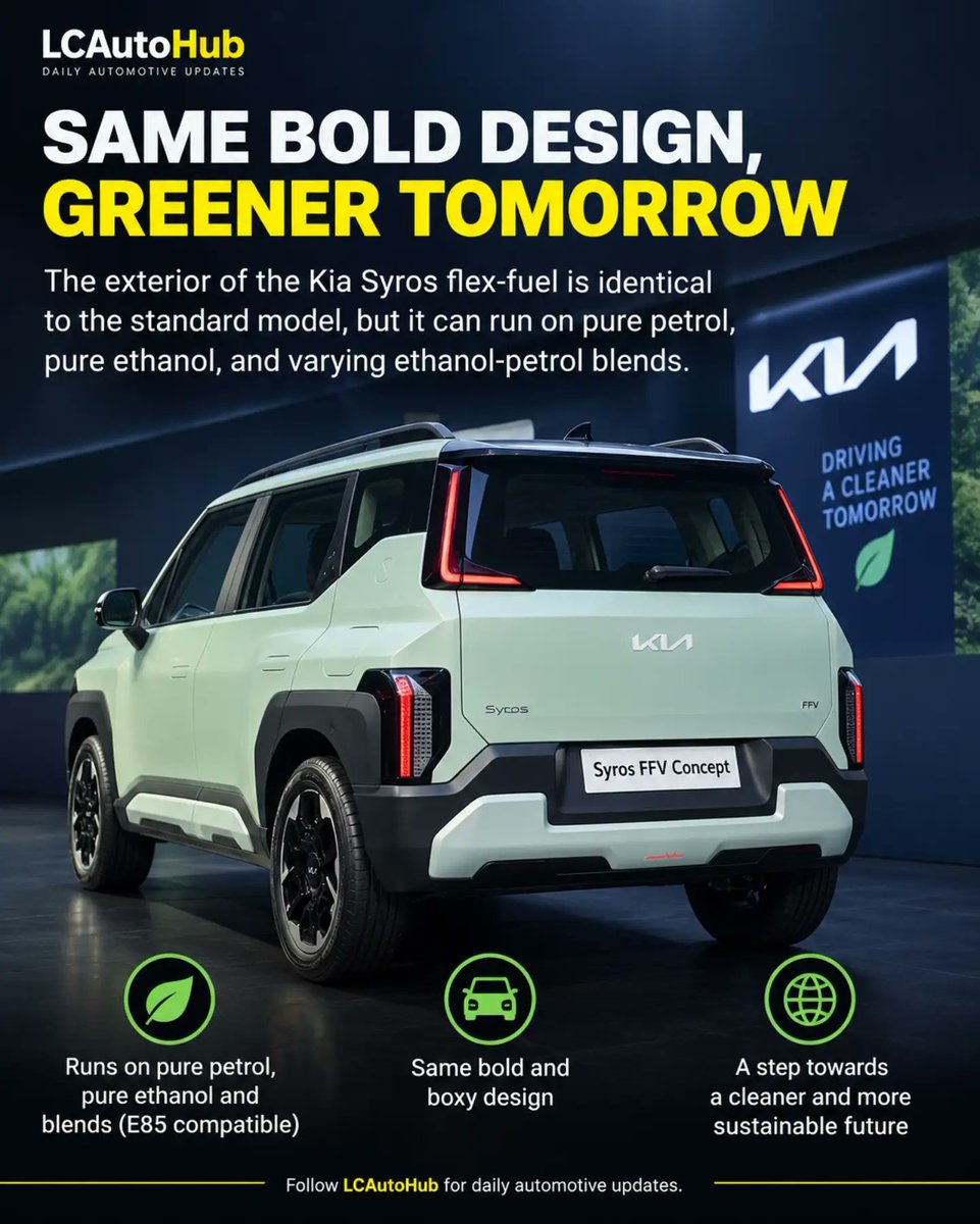 RomanFashapv's tweet photo. Kia enters India’s flex-fuel race with the Syros FFV Concept. It runs on petrol, ethanol, or blends, with a 1. 0L turbo engine, upgraded fuel system, and 6-speed automatic. Would you choose it over the regular petrol version? https://t.co/yidCfTTGbA
