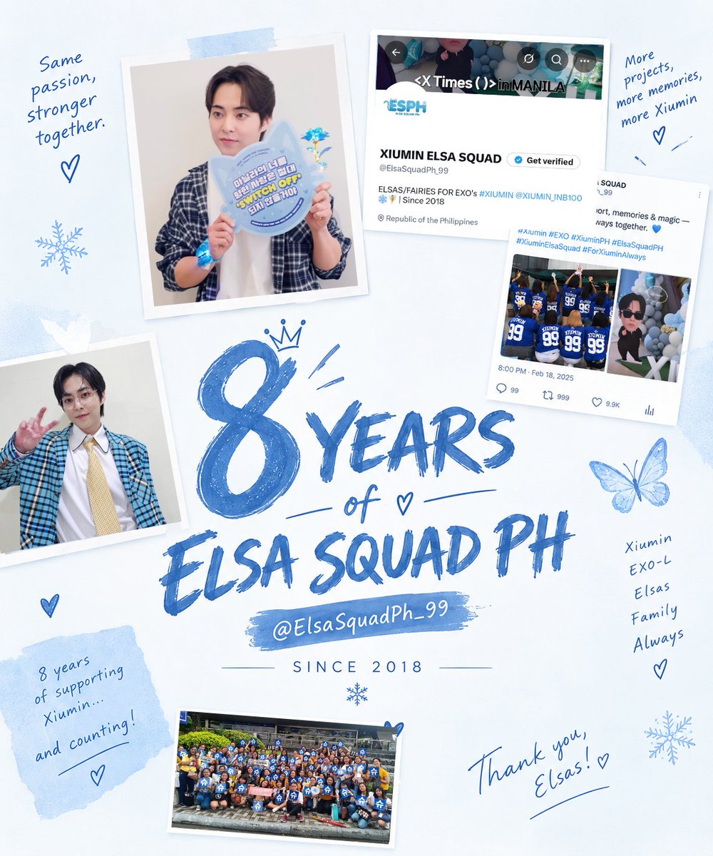ElsaSquadPh_99's tweet photo. 8 𝓨𝓮𝓪𝓻𝓼 𝓸𝓯 𝓔𝓵𝓼𝓪 𝓢𝓺𝓾𝓪𝓭  ❄️🧚‍♀️

Eight years of love, support, and beautiful memories for our Xiumin. 💙

#ESPH8thAnniversary
#XIUMIN #시우민 https://t.co/tz1F6GdJFR