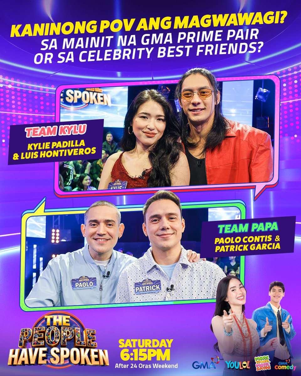gmanetwork's tweet photo. TEAM KYLU VERSUS TEAM PAPA! 🤩 

Kaninong POV ang magwawagi sa mainit pa GMA Prime pair o sa celebrity best friends?

Tutukan sa #ThePeopleHaveSpoken #TPHSSecondChances, mamayang 6:15 PM! https://t.co/wegqroqlXu
