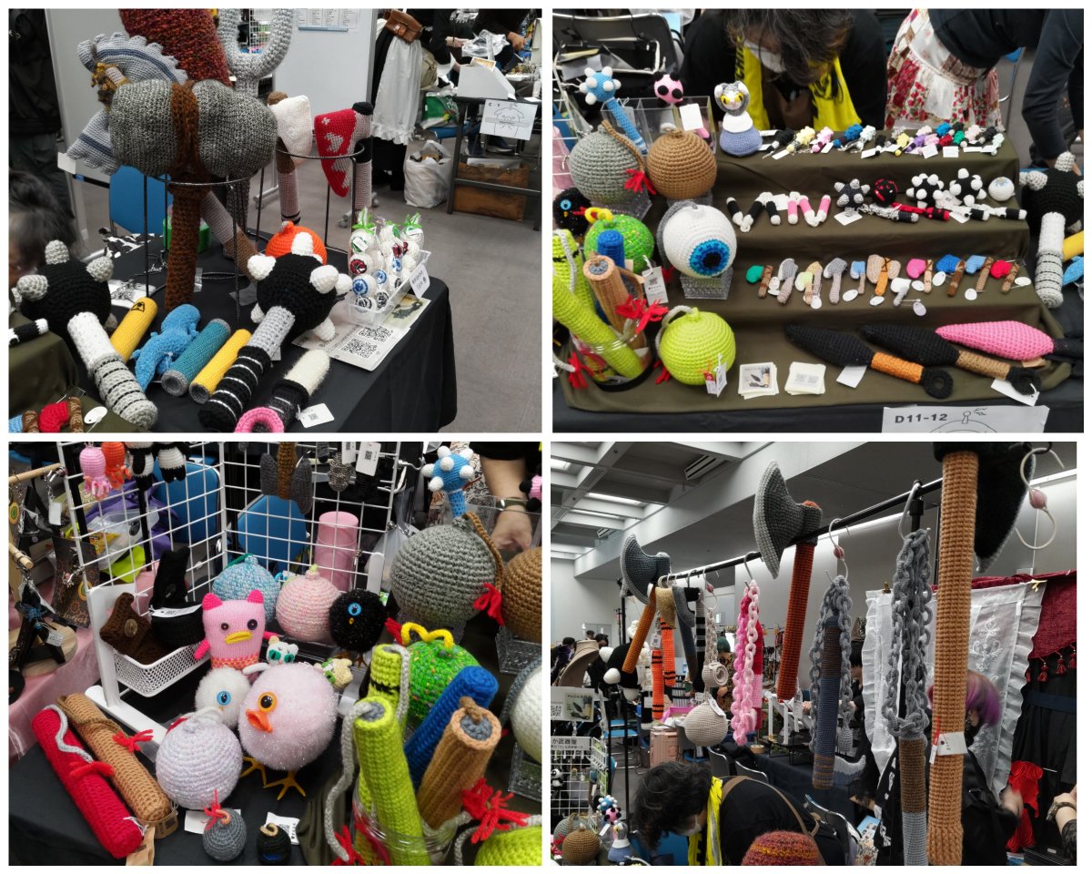 yawarakabukiya's tweet photo. ヌルっと始まっております。ちょっと通路狭目で全景撮れてませんが武器屋にお寄り下さいませ！
#SFフリマ8 #やわらか武器屋 #あみぐるみ https://t.co/djCbYP0mdz