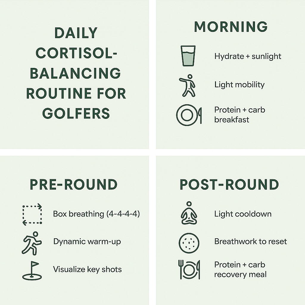 BelvaGiggey's tweet photo. Tired after a round? Manage cortisol to stay calm, sharp, and consistent: hydrate, get sunlight, fuel well, breathe, warm up, recover, stretch, limit screens, and sleep 8–9 hours. Small daily wins lead to big gains on the course. https://t.co/DH97b3tb8r