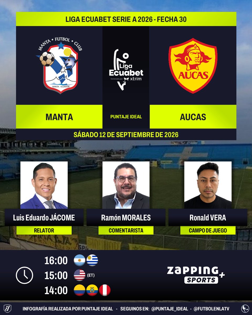 PuntajeIdealEC's tweet photo. ⚽ #LigaEcuabet 🇪🇨 | #Manta vs. #Aucas
🎙 Relator: @LuisEduJacome
🎙 Comentarista: @Rmoralesverduga
⛳️ Campo de juego: @ronaldvera22
💻📱 #ZappingSports + 🇪🇨 (Canal 16)
🤳 #ZappingPremium
Dale RT 🔃 https://t.co/20IT8lqvyN