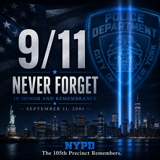 NYPD105Pct's tweet photo. Deputy Inspector Moodie addressed the members of the 105th Precinct as we came together to honor the lives lost on 9/11. We remember their courage, their sacrifice, and all those forever impacted by that tragic day. We will never forget. 🇺🇸💙 https://t.co/ObV4eZpnmW