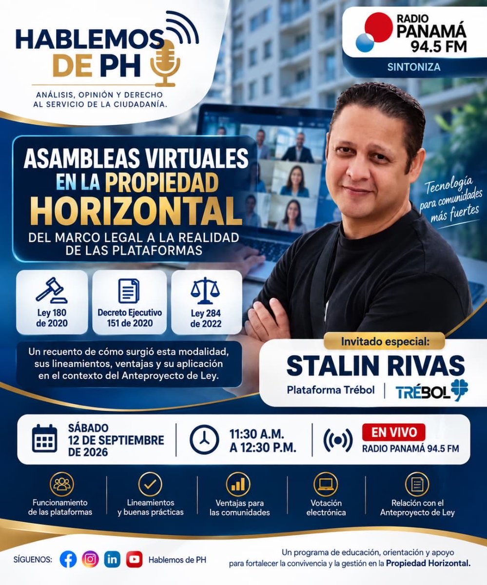 APAPROPH's tweet photo. Acompáñanos mañana en tan interesante tema sobre las Asambleas Virtuales en la Propiedad Horizontal por @radiopanama @Pachifula https://t.co/wcwMxSB1vt