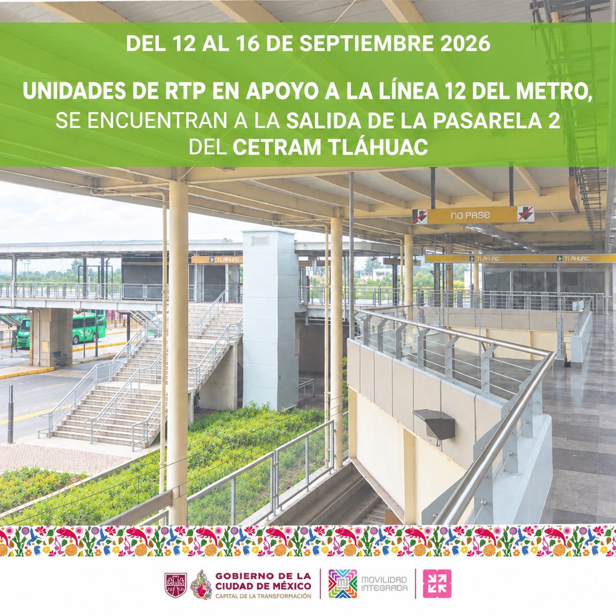 ORTCDMX's tweet photo. El Organismo Regulador de Transporte informa sobre el servicio de apoyo a la Línea 12 del Metro. Encuentra unidades de RTP al interior del CETRAM Tlahuac

#ORTInforma #MovilidadCDMX https://t.co/r7VfcIpnZP