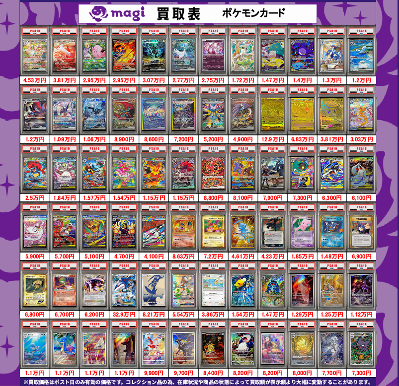 magi_sendai's tweet photo. 【買取告知】
9/12(土)のポケモンカード買取表更新しました‼
⚡ポケカ PSA10 買取表⚡
1枚からのお持ち込みも大歓迎です♪
エポスカードご提示で買取価格5%UP! https://t.co/XJtyjjuoQ6
※掲載日のみ有効の買取価格です。
#magi仙台買取表 #magi仙台 #magi #仙台 #宮城 #東北 #ポケモンカード #ポケカ #PSA10