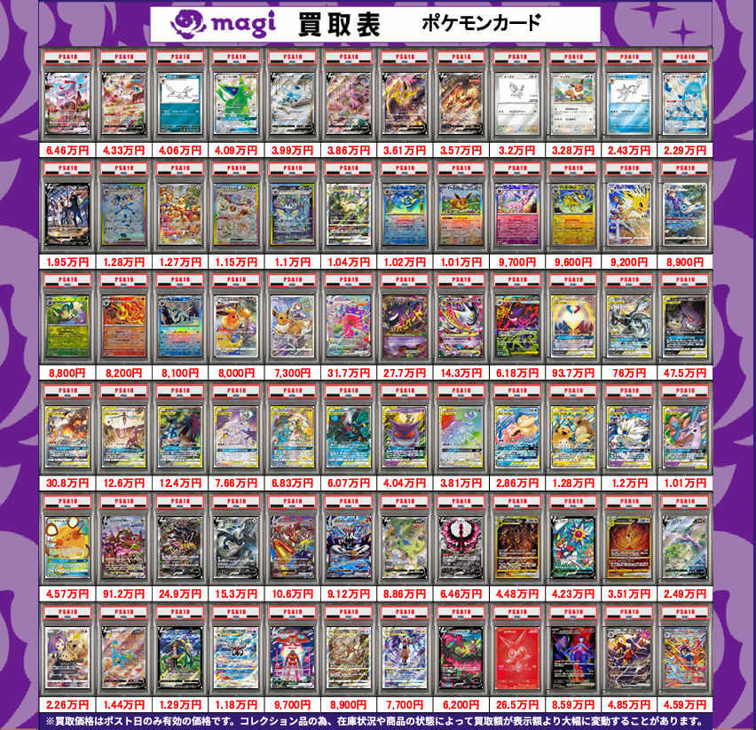 magi_sendai's tweet photo. 【買取告知】
9/12(土)のポケモンカード買取表更新しました‼
⚡ポケカ PSA10 買取表⚡
1枚からのお持ち込みも大歓迎です♪
エポスカードご提示で買取価格5%UP! https://t.co/XJtyjjuoQ6
※掲載日のみ有効の買取価格です。
#magi仙台買取表 #magi仙台 #magi #仙台 #宮城 #東北 #ポケモンカード #ポケカ #PSA10