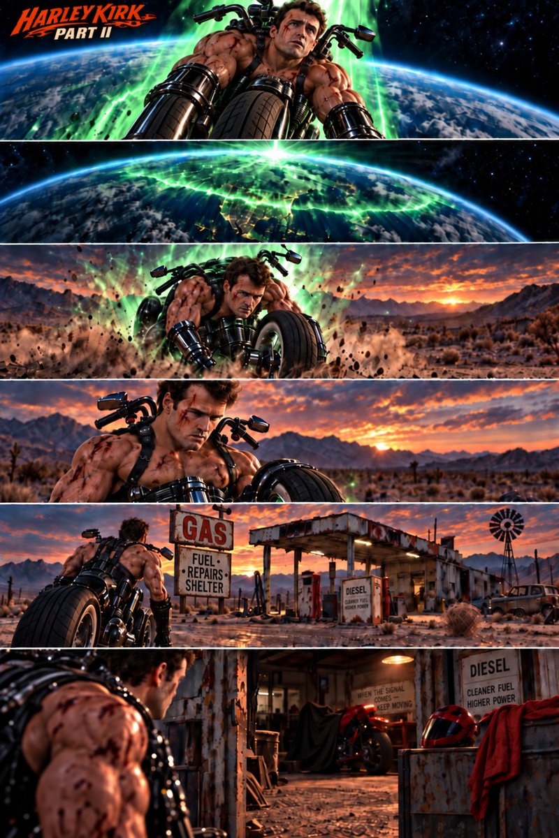 drewb247's tweet photo. HARLEY KIRK — PART II 🏍️🟢

The signal took him beyond Earth.

Then the whole planet flashed green.

Seconds later, HK woke in the desert.

No answers. No people. Just an old gas station… and something under a tarp.

“When the signal comes — keep moving.”

To be continued.. https://t.co/i5uZbCsktp