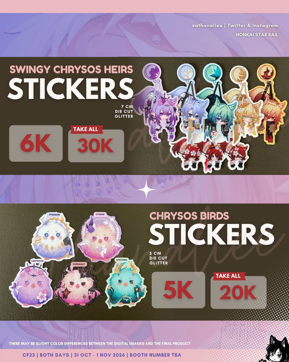 athanaliee's tweet photo. close PO #CF23 besokk 13 september!! 
I have bookmark, sticker, and photocard~

hsr: phainon, mydei, danheng, castorice, cyrene, anaxa, tribbie, aglaea, evernight
genshin: flins
ori: kucing/cat/meow

Full catalog + PO form ada di 📌 pinned post ku yaa~ https://t.co/rDb1DVSJX6
