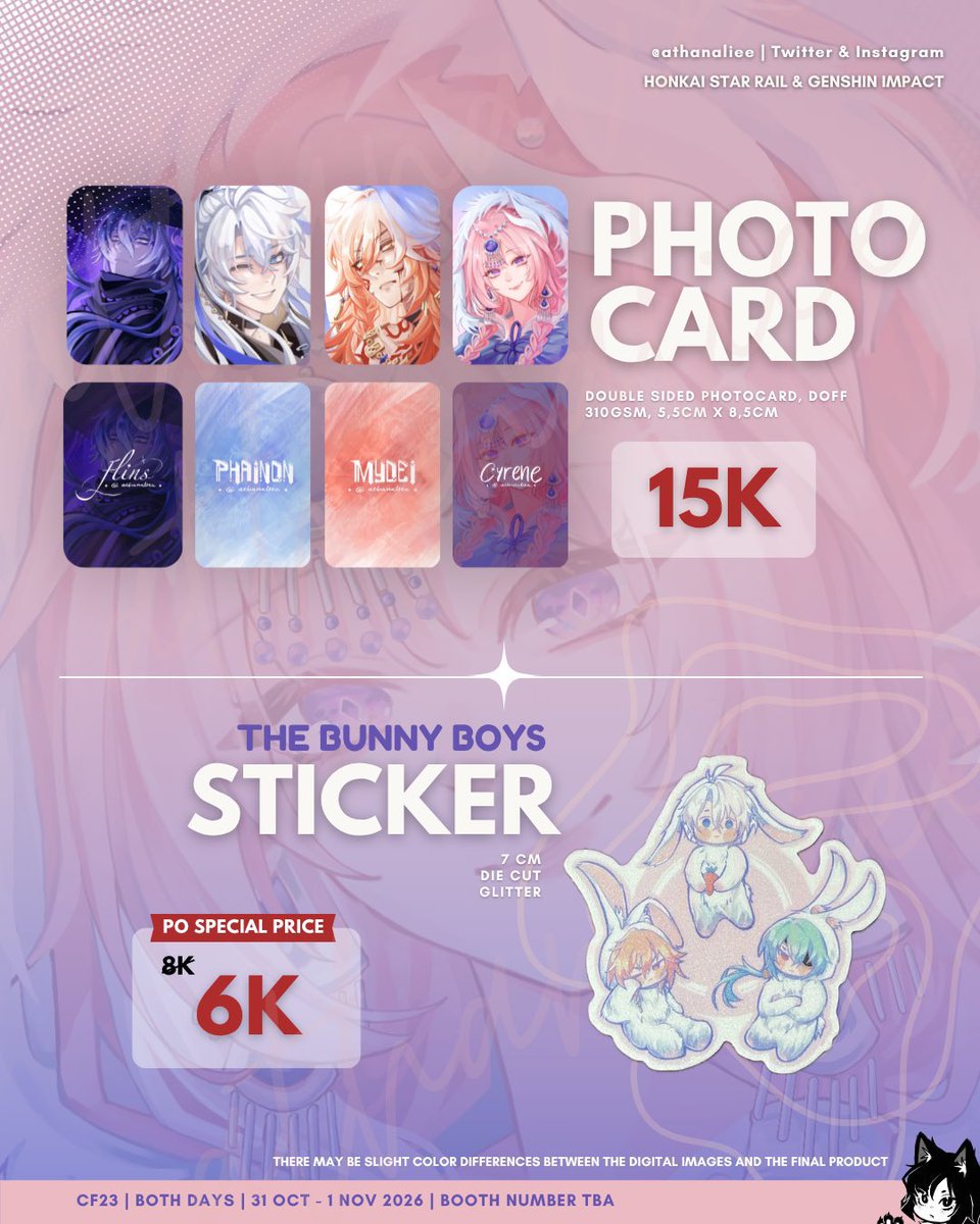 athanaliee's tweet photo. close PO #CF23 besokk 13 september!! 
I have bookmark, sticker, and photocard~

hsr: phainon, mydei, danheng, castorice, cyrene, anaxa, tribbie, aglaea, evernight
genshin: flins
ori: kucing/cat/meow

Full catalog + PO form ada di 📌 pinned post ku yaa~ https://t.co/rDb1DVSJX6