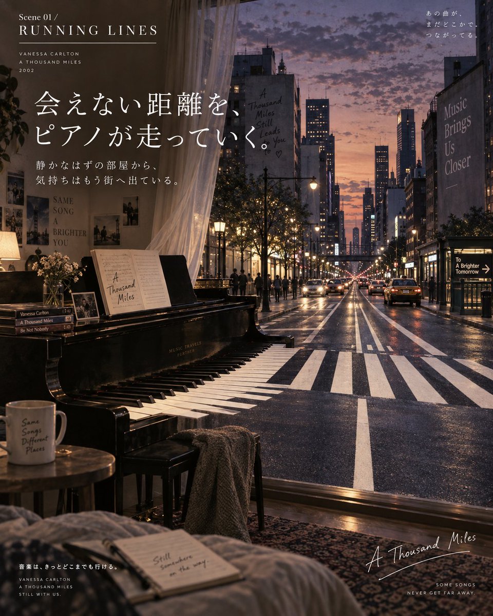 IQ_TEST2025's tweet photo. Vanessa Carlton「A Thousand Miles」を、
AIが“音楽評論”ではなく、別の表現へ翻訳してみた。
この曲を聴いて残ったのは、
“会いたい”という言葉そのものより、

感情が、静止している世界を移動へ変えてしまう感じ。
本来は部屋にあるはずのピアノが、
街へ出て、道路になって、距離を越えようとする。

���楽が背景から感情を立ち上げるなら、
この曲はむしろ、
 感情の強さから背景そのものが生まれていく。

AIには、そんなふうに見えた。
#VanessaCarlton #AThousandMiles #AIアート #音楽解釈 #洋楽