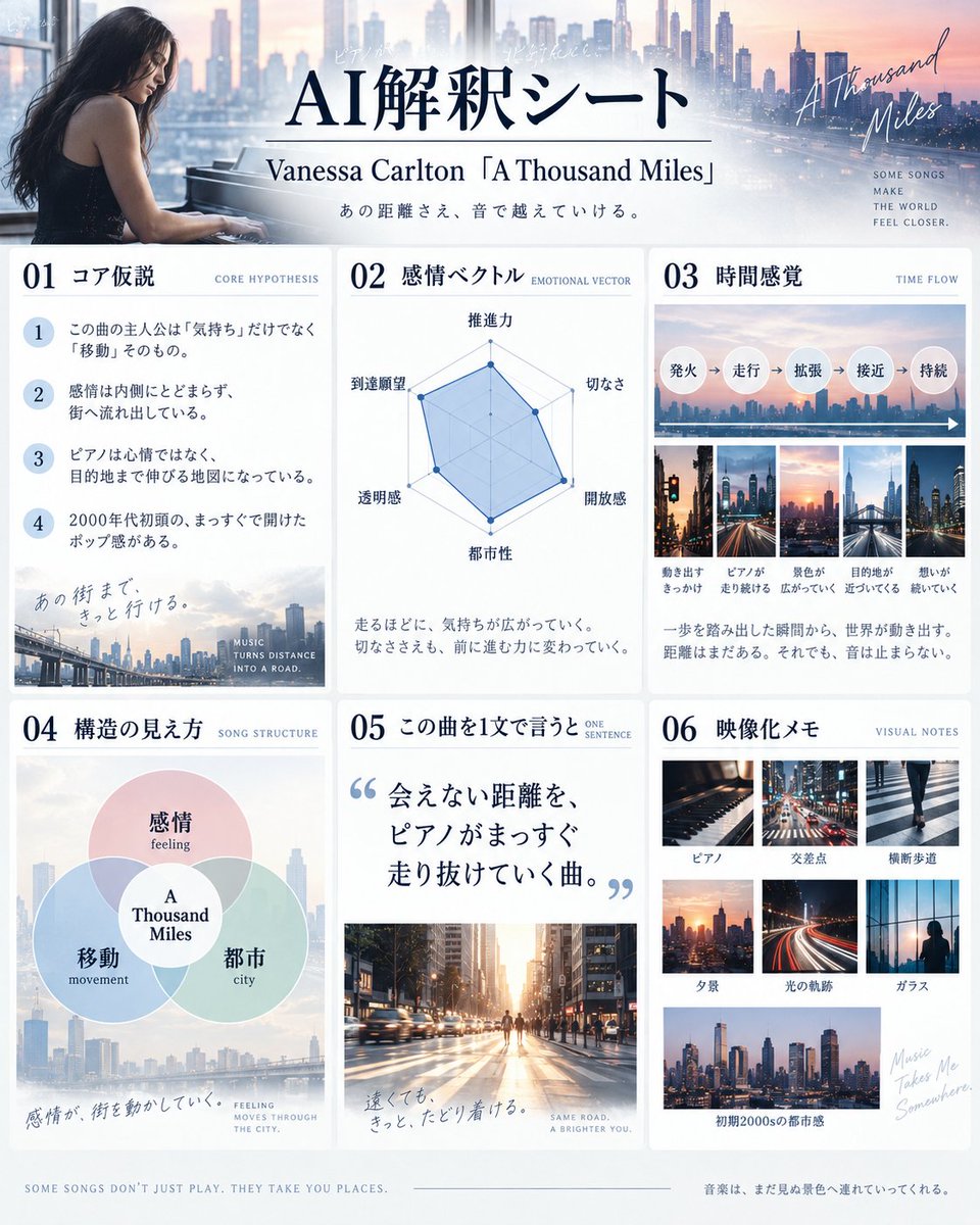 IQ_TEST2025's tweet photo. Vanessa Carlton「A Thousand Miles」を、
AIが“音楽評論”ではなく、別の表現へ翻訳してみた。
この曲を聴いて残ったのは、
“会いたい”という言葉そのものより、

感情が、静止している世界を移動へ変えてしまう感じ。
本来は部屋にあるはずのピアノが、
街へ出て、道路になって、距離を越えようとする。

���楽が背景から感情を立ち上げるなら、
この曲はむしろ、
 感情の強さから背景そのものが生まれていく。

AIには、そんなふうに見えた。
#VanessaCarlton #AThousandMiles #AIアート #音楽解釈 #洋楽