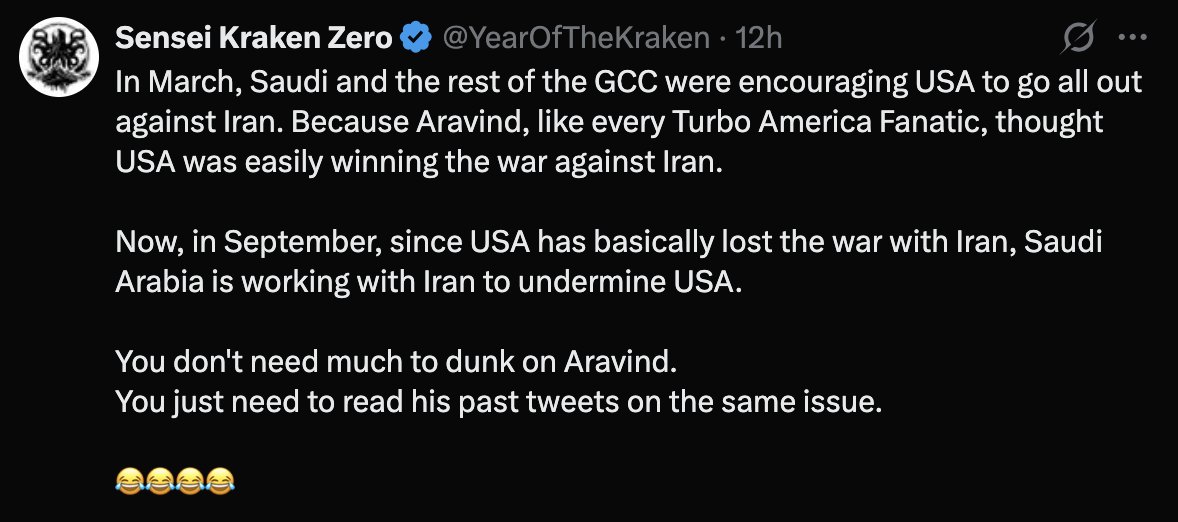 aravind's tweet photo. People don't need to keep reading and analyzing my posts so much if they think I am always wrong. And keep writing these lengthy threads on me wasting their time. I myself dunk on myself all the time.

I will make this very clear: My posts may drastically change and contradict themselves as geopolitics changes. I will never remain fixed rigidly on my opinions and analysis, especially in such a chaotic era.

First step to get smart on any subject, especially something like geopolitics, is to understand we don't know everything, that our assumptions may be wrong, things may change drastically, and if our analysis is wrong - humbly accept we were wrong and try to learn.

Now, instead of making it a habit to keep attacking people who are on the same page about India, because we got outraged that they are of a different opinion on a foreign issue, it is better to work together where opinions and interests converge - That's on India's interests.

This is where the globalists, islamists, and commies excel. They don't make enemies out of their own, like immature 'always-triggered' egotists, and weaken their coalition. They ignore even radical difference of opinions in some areas to get together when taking on their common enemies.

Much to learn from them. I have always ignored such attacks on me personally, by some pro India handles, for just my opinions. But have liked, reposted, and interacted positively with their content as they speak in the interests of India. But today when I saw this post...

.... felt like had to write my thoughts of how, as Indians, we are always quick to pull down our own, creating lasting acrimony, based on small differences. Yet we find it so difficult to work together as a team for India.