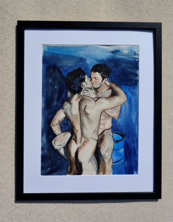 artistedwinNY's tweet photo. Original nude watercolor painting depicting two men sharing a kiss. https://t.co/QYUQmH79s3