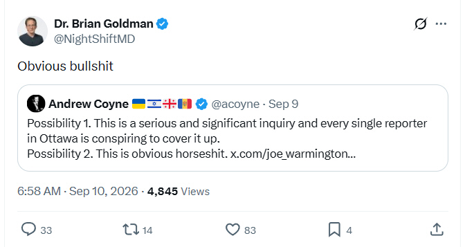 MakisMedicine's tweet photo. One of Canada's worst doctors: Dr.Brian Goldman.

This is how we should be exposing unethical doctors. 

Most recently, Dr.Brian Goldman mocked the COVID-19 Vaccine injured who testified at the @AllisonInquiry, including parents who lost their children to the toxic injections he promoted, calling their testimonies "obvious bullshit".

He promotes contaminated COVID-19 Vaccines
He promoted COVID-19 Vaccine mandates for years
He attacks Ivermectin and those who use it

Goldman has brought shame and disgrace to my alma mater, University of Toronto.

Doctors like Goldman are the reason why trust in medicine has completely collapsed and may never come back.

Avoid these mRNA con artist doctors like the plague. They are the absolute worst of the worst.