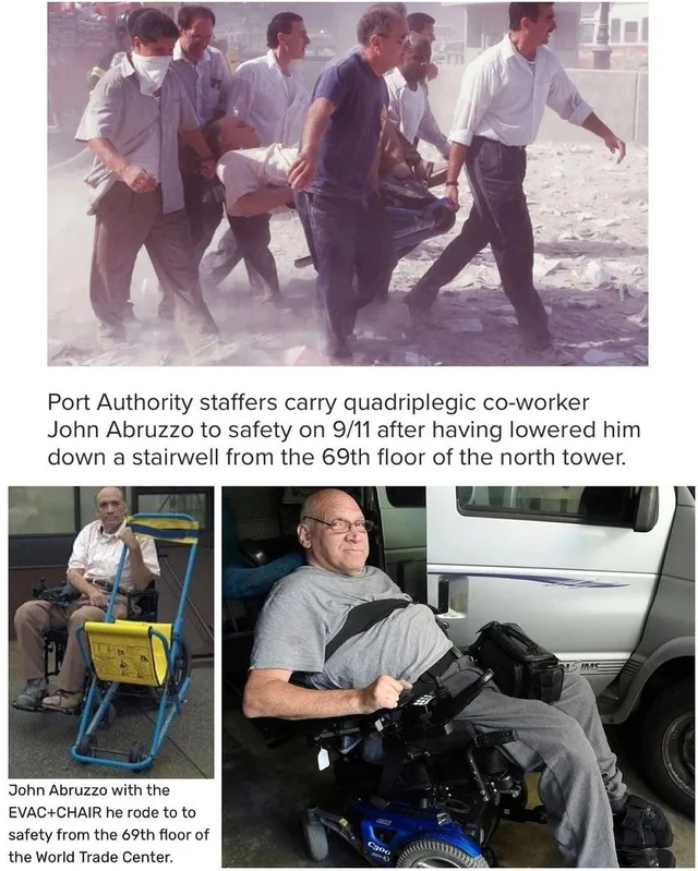 EchoesofWarYT's tweet photo. Twenty five years ago today, ten men carried a quadriplegic coworker down sixty nine flights of stairs and got him out of the North Tower minutes before it fell.

John Abruzzo was an associate accountant for the Port Authority. He was quadriplegic and got around in a heavy powered wheelchair, and every workday he rode up to the 69th floor of One World Trade Center and did his job.

He had already been through this once.

In February 1993, when the truck bomb went off in the basement and the towers filled with smoke, the power went out and the elevators stopped. His coworkers carried him down out of that building in his electric wheelchair, in the dark, a few floors at a time, and it took hours. Hundreds of pounds of chair and man, on a staircase, with no lights.

What happened next is the part that matters. After 1993 the Port Authority went out and bought lightweight evacuation chairs and staged them on the floors, specifically so that nobody would ever have to do that again. It was a boring administrative decision made by people whose names nobody knows, eight years before it mattered.

On September 11, 2001, Flight 11 hit the North Tower twenty floors above John Abruzzo's office. The building shook hard enough to move his wheelchair. The power went. The stairwells filled with smoke.

His coworkers got the evacuation chair, lifted him out of his wheelchair and strapped him into it. Mike Fabiano, one of the floor's fire wardens, and roughly ten other Port Authority employees took hold of it and started down.

Sixty nine floors. They rotated. Men took the handles, carried until their arms gave out, swapped with someone else, and kept going. The stairwell was packed and hot and full of smoke, and they were moving slower than everyone else in it, and everyone in that stairwell knew the building had an airplane in it.

Firefighters coming up the stairs told them they could leave him. Put him in a safe area, keep going, we will come back for him.

They said no.

They carried him all the way to the bottom, out across the debris in the lobby, and lifted him through a broken window onto the sidewalk, where firefighters took him and moved him away from the building.

The North Tower came down shortly after.

He went to the hospital for smoke inhalation and was told to rest for a few weeks. The next morning, September 12, the men who had carried him showed up for work at the Port Authority's emergency headquarters in New Jersey.

There is a hard thing inside this story that should be said. Other people in wheelchairs in those buildings that morning did not make it out, and some of them died with friends who would not leave them. The difference was not courage, because there was no shortage of that anywhere in those towers. The difference was a chair on the wall and ten sets of arms that happened to be on the right floor.

John Abruzzo is alive because in 1993 somebody in a purchasing office decided to spend money on a problem that had already almost killed him once, and because on September 11 a group of accountants and office workers picked him up and refused every single opportunity to put him down.