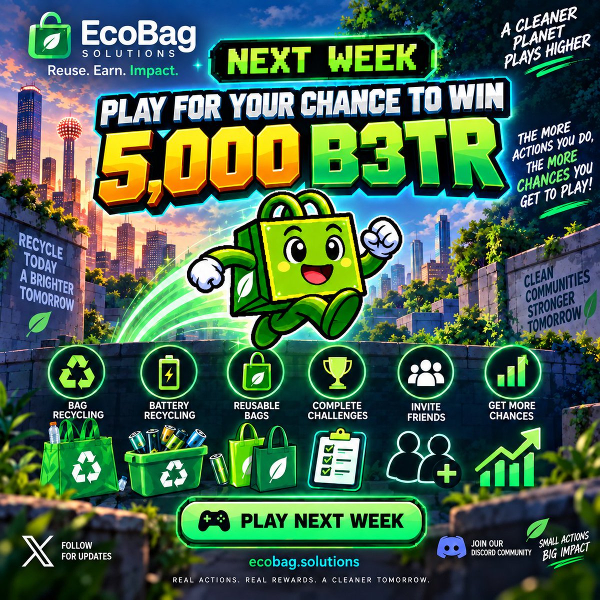 _BagSolutions_'s tweet photo. Turn green habits into rewards next week! 🌱
Win 5,000 $B3TR
• ♻️ Recycle bags & batteries
• 🛍️ Use reusable bags
• 🏆 Complete challenges
• 👥 Invite friends
The more actions, the more you play!
https://t.co/g6WHRE2Z62
#EcoBag #B3TR #VeChain https://t.co/f55jkBO2Fr