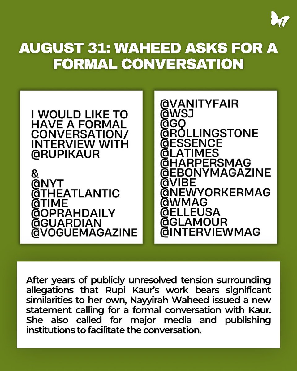 IansaMagazine's tweet photo. Nayyirah Waheed, the poet behind salt. (2013), has reissued her 2014 statement accusing Rupi Kaur of appropriating elements of her work.

After calling for a formal conversation on August 31, Waheed has now brought the original statement back into public view.

12 years later, the question of creative extraction remains unresolved.