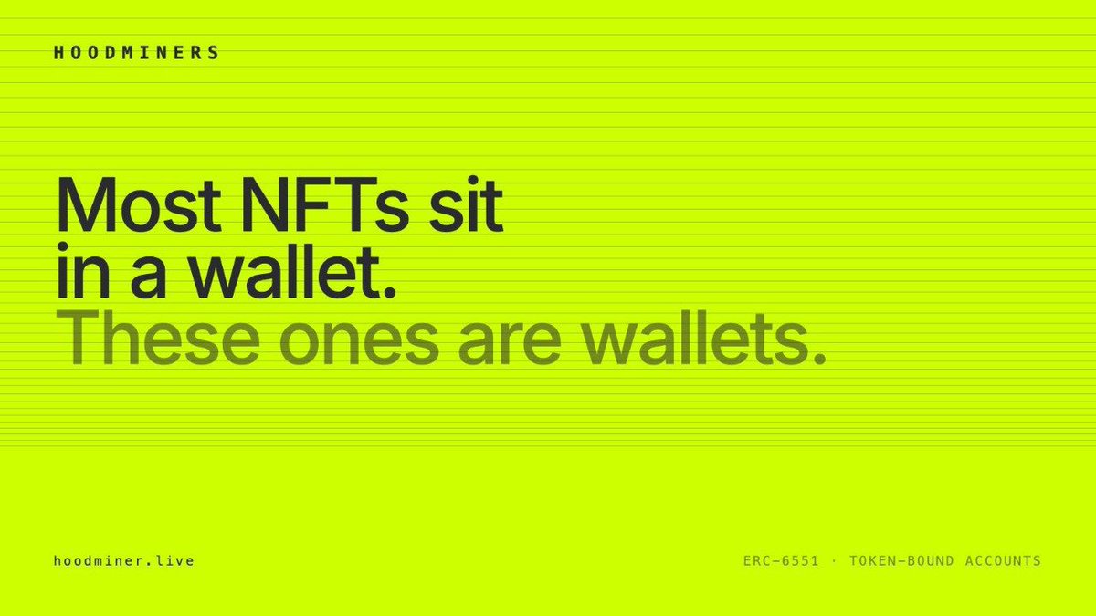 IamTreezyv's tweet photo. I’ve been studying @hoodminers_rh a little deeper, and I just realized the “miners” concept is more literal than I initially thought. ⛏️

Each HoodMiner isn’t just an NFT you hold.

It’s an ERC-721 equipped with its own ERC-6551 account — meaning your Miner can actually have a wallet and hold digital assets itself.

Basically:

You own the Miner.
The Miner can own the loot.
That changes how I look at the collection completely.

And with the team constantly hinting that “the seam runs all the way to Bitcoin,” I’m really curious about what these Miners are eventually going to uncover.

2,222 supply • Free mint • Robinhood Chain • Sept. 15

The deeper I dig into HoodMiners, the more the whole mining narrative starts to make sense. ⛏️

Now I just want to know what’s actually waiting underground.