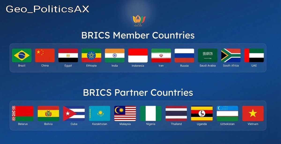 Geo_PoliticsAX's tweet photo. Countries at India BRICS HS's meet

Members

Brazil, China, Egypt, Ethiopia, Indonesia, Iran, Russia, Saudi Arabia, South Africa, UAE

Partner countries

Belarus, Bolivia, Cuba, Kazakhstan, Malaysia, Nigeria, Thailand, Uganda, Uzbekistan, &amp; Vietnam.

#BRICKSSummit2026 https://t.co/r1Jce8lCT4