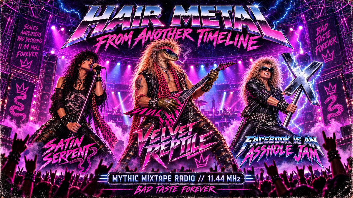 Houstonianp1's tweet photo. #Ohabsolutely🩷#KeepFuckingScrollin👽💚👽
#ScalesandBadDecisions💔
#velvetreptile🦄
#BadTasteForever👻
#FilePathHell👹
HAIR METAL FROM ANOTHER TIMELINE
Tonight’s impossible lineup:
VELVET REPTILE
SATIN SERPENT
FACEBOOK IS AN ASSHOLE JAM.
Same planet. Different frequency.
Broadcasting live from 11.44 MHz.